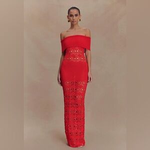 NWT Meshki Blood Orange Solstice Off Shoulder Crochet Knit Maxi Dress